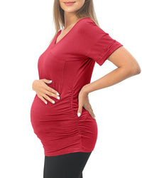 Wine Red Short sleeve Maternity Shirts with Pocket