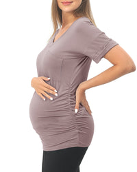 Light Purple Short sleeve Maternity Shirts with Pocket
