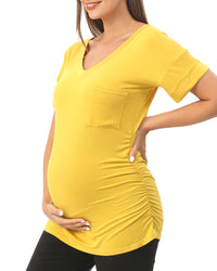 Yellow Short sleeve Maternity Shirts with Pocket