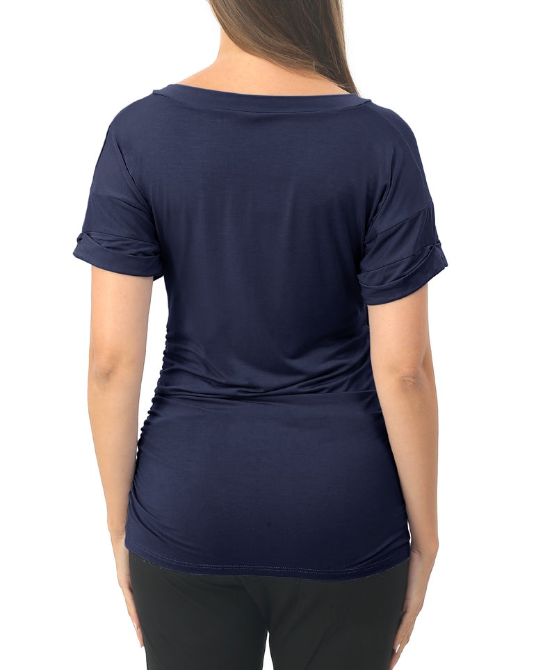 Navy Short sleeve Maternity Shirts with Pocket