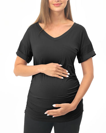 Black Short sleeve Maternity Shirts with Pocket