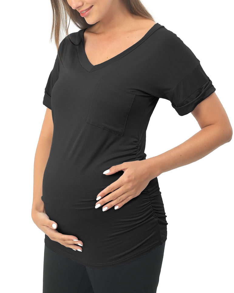 Black Short sleeve Maternity Shirts with Pocket