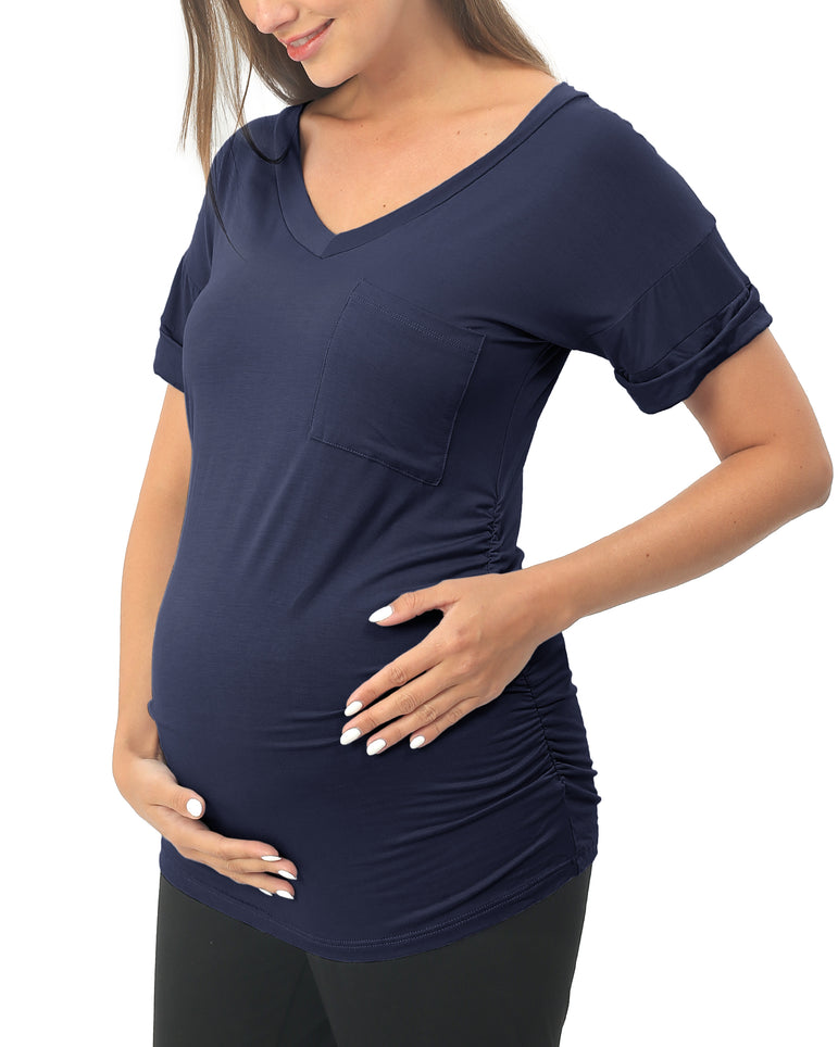 Navy Short sleeve Maternity Shirts with Pocket