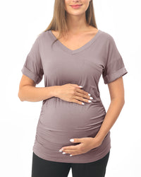 Light Purple Short sleeve Maternity Shirts with Pocket