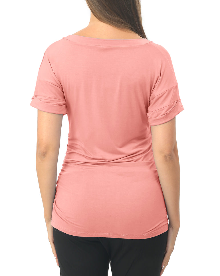 Pink Short sleeve Maternity Shirts with Pocket