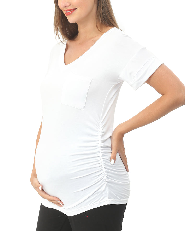 White Short sleeve Maternity Shirts with Pocket