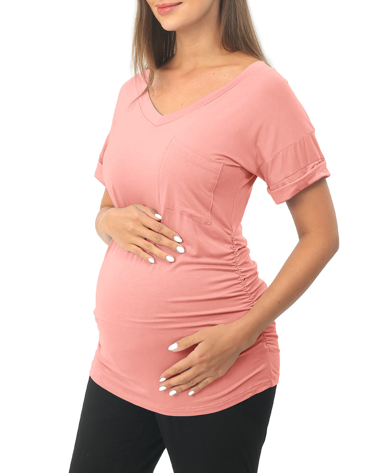 Pink Short sleeve Maternity Shirts with Pocket