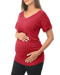 Wine Red Short sleeve Maternity Shirts with Pocket
