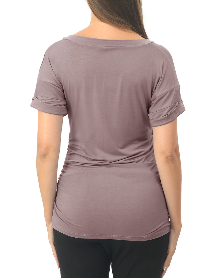 Light Purple Short sleeve Maternity Shirts with Pocket